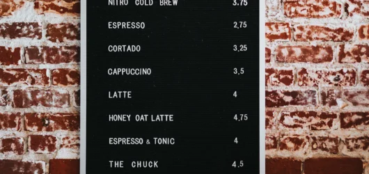 En enkel menytavle med kaffeutvalg og priser på en murvegg